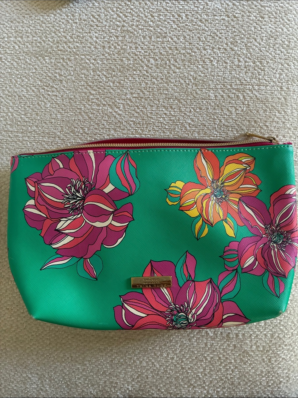 Trina Turk Green Floral Zip Cosmetic Pouch with Pink & Orange Blooms